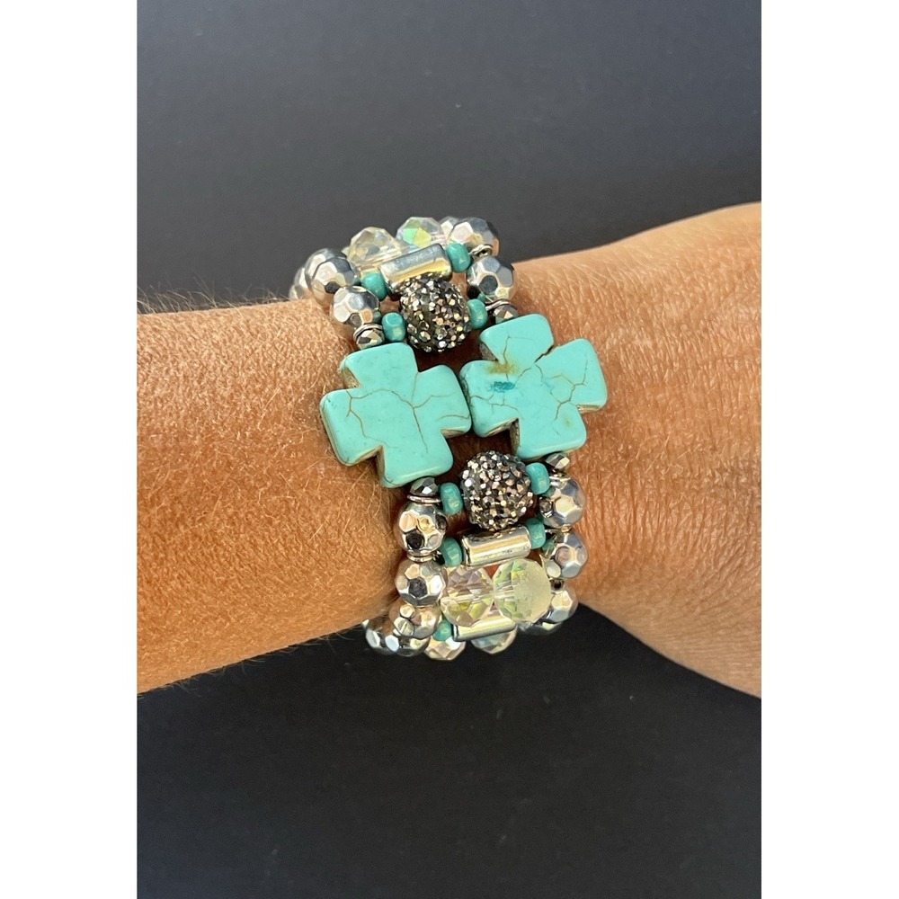VTG Turquoise Cross Stretch Bracelet AB Beads Silver Tone Wide Cuff Southwestern